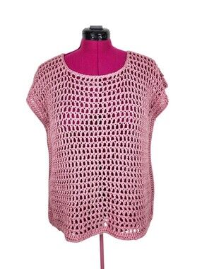 New Handmade Pink Open-Knit Crochet Sleeveless Sweater Short Sleeve Top One Size